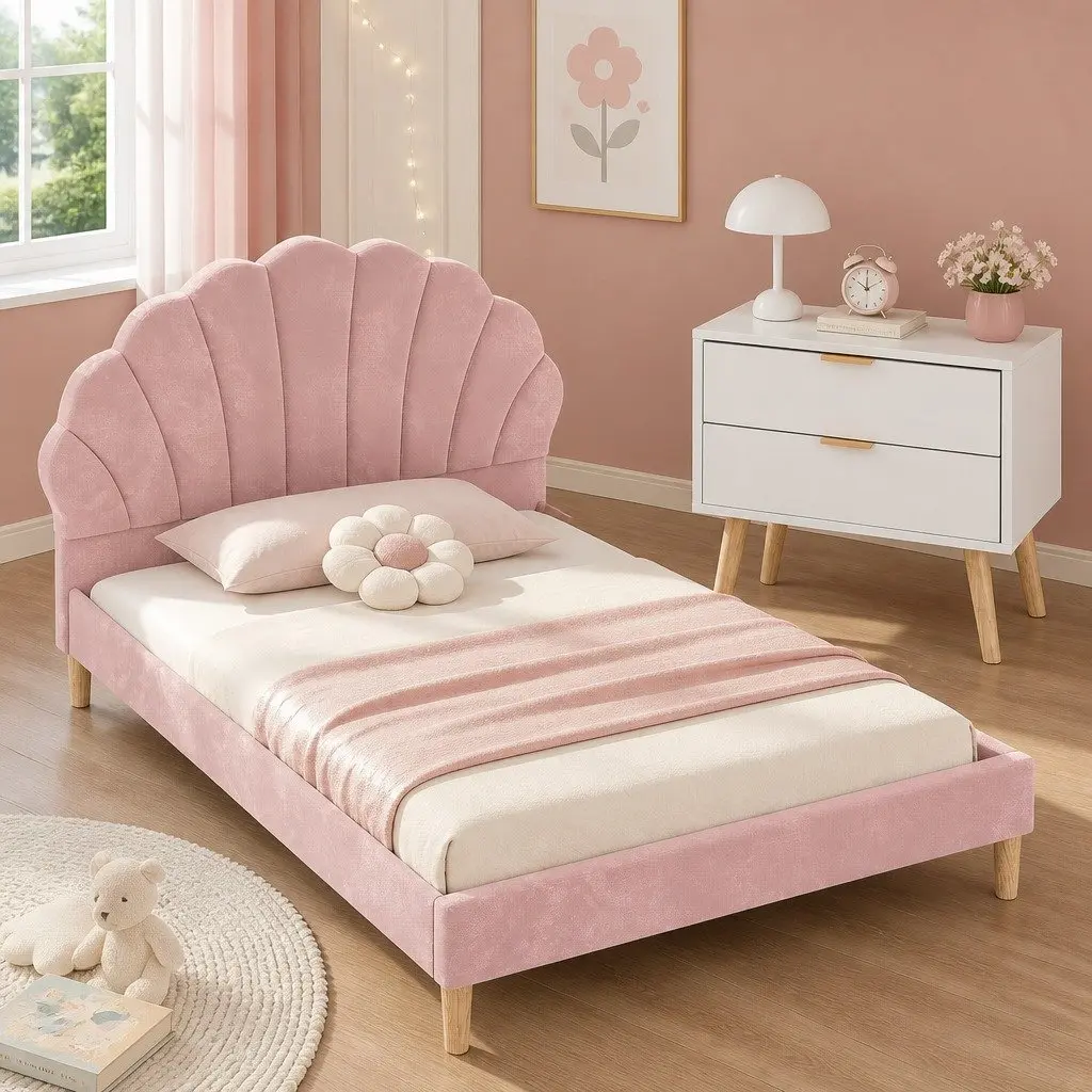 Double Bed Frame Scallop Headboard Pink Velvet with 2 Drawer Bedside Table Set