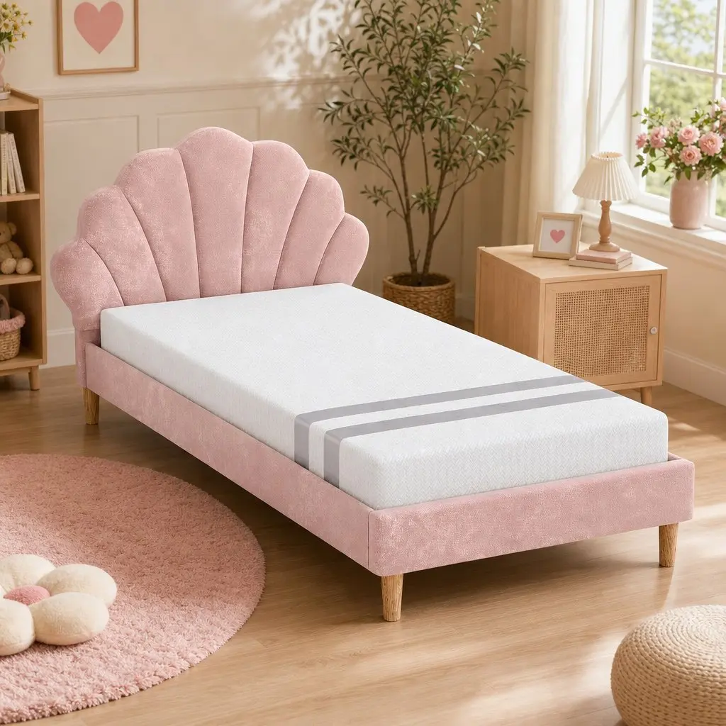 King Single Bed Frame with Scallop Pink Velvet and 20cm Memory Foam Mattress