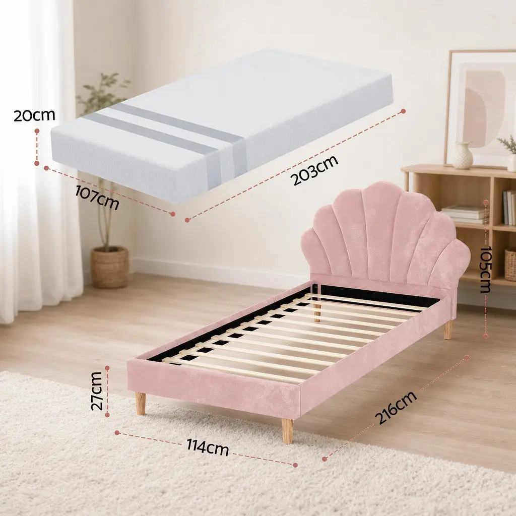 King Single Bed Frame with Scallop Pink Velvet and 20cm Memory Foam Mattress