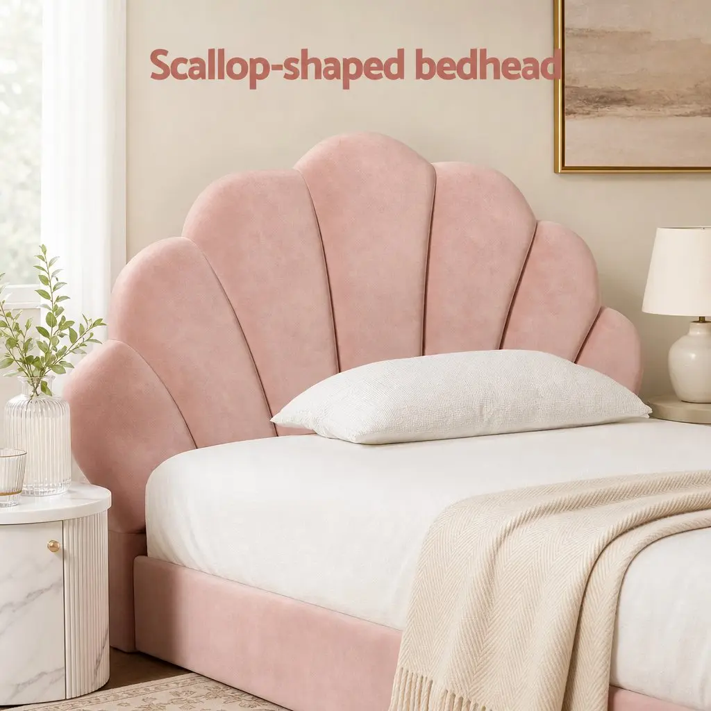 King Single Bed Frame with Scallop Pink Velvet and 20cm Memory Foam Mattress