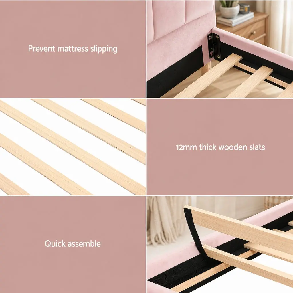 King Single Bed Frame with Scallop Pink Velvet and 20cm Memory Foam Mattress