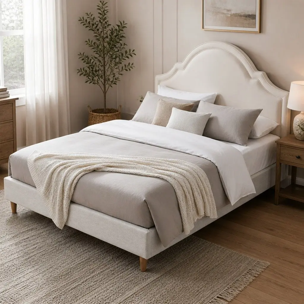 Queen Bed Frame with Storage for Bedroom Velvet Scalloped Headboard 217cm x 160cm x 33cm