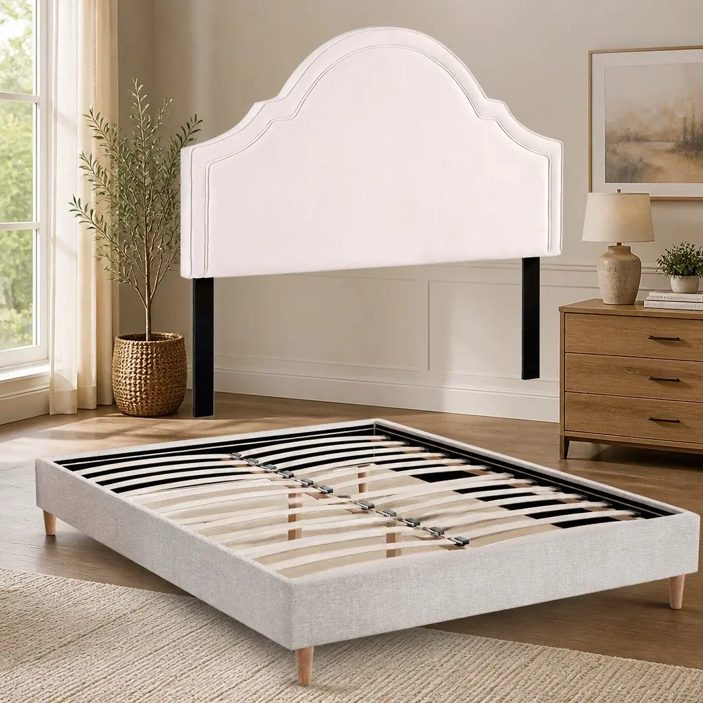 Queen Bed Frame with Storage for Bedroom Velvet Scalloped Headboard 217cm x 160cm x 33cm