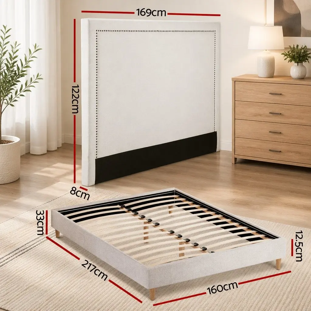 Queen Bed Frame Platform Base Upholstered Headboard Linen Fabric Beige Bedroom
