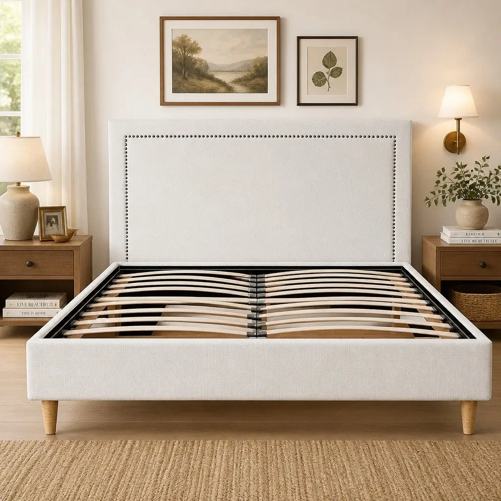 Queen Bed Frame Platform Base Upholstered Headboard Linen Fabric Beige Bedroom