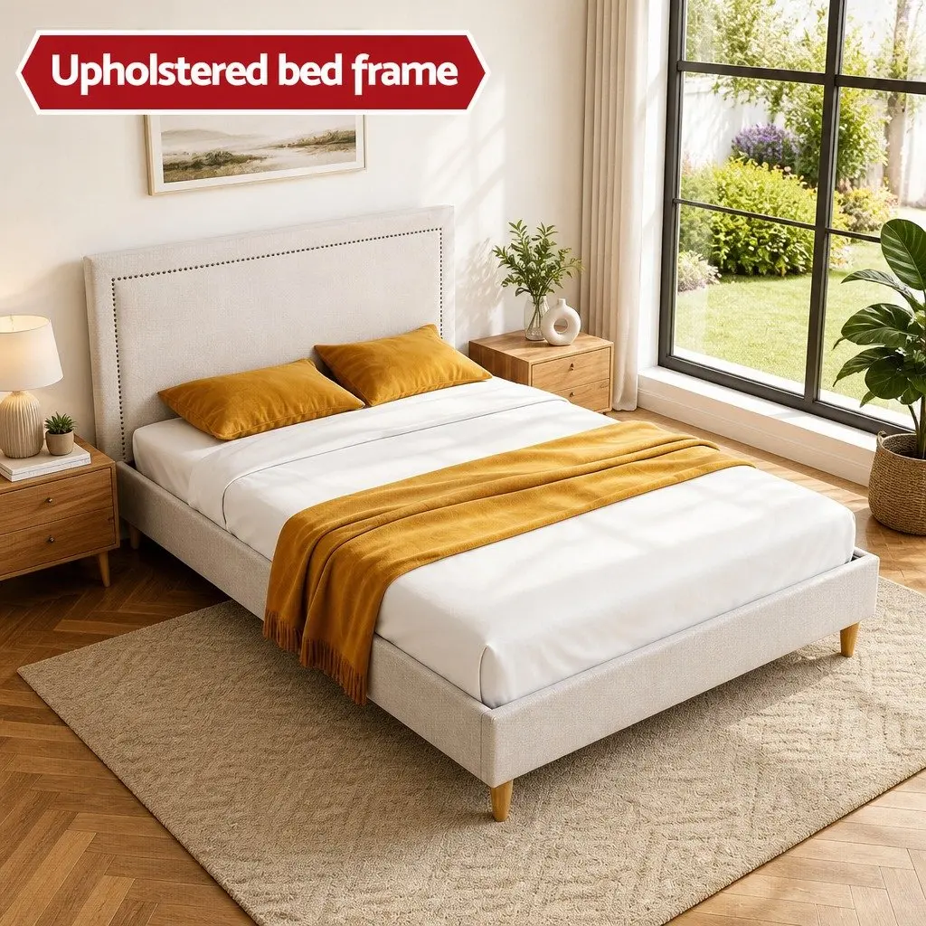 Queen Bed Frame Platform Base Upholstered Headboard Linen Fabric Beige Bedroom