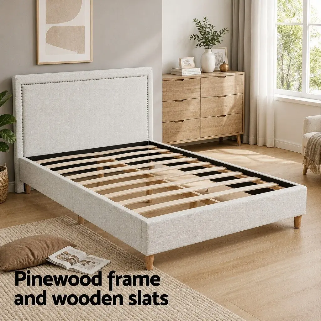 Queen Bed Frame Platform Base Upholstered Headboard Linen Fabric Beige Bedroom