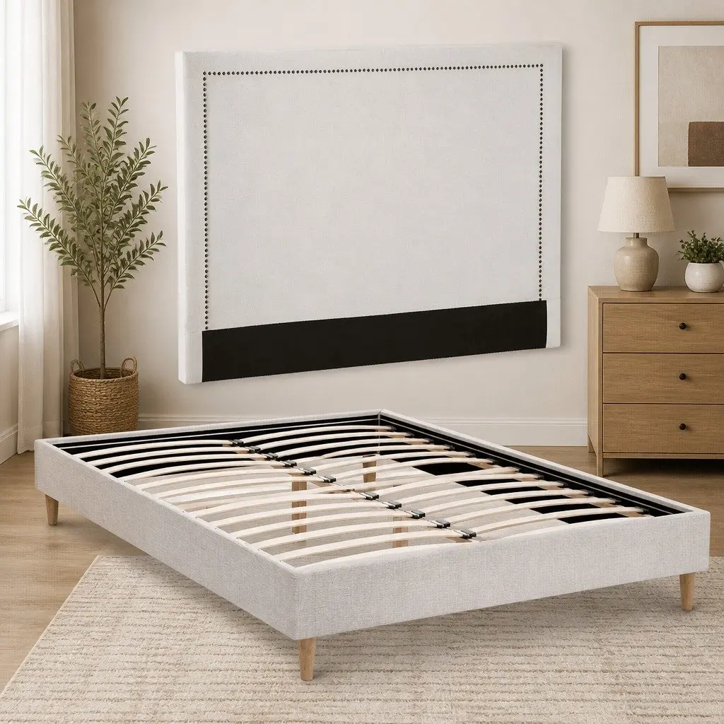 Queen Bed Frame Platform Base Upholstered Headboard Linen Fabric Beige Bedroom