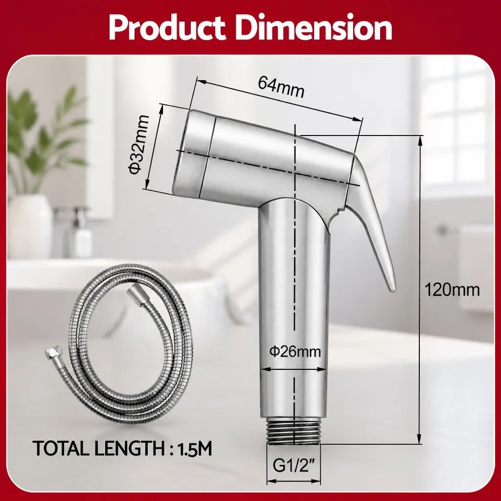 Handheld Bidet Sprayer Bathroom 1.5m Stainless Steel Hose Silver