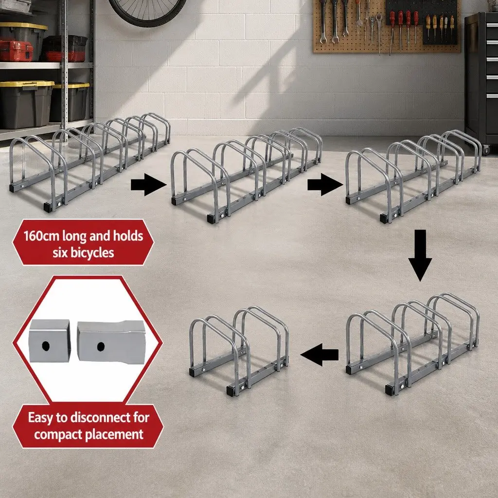 6 Bike Parking Stand Floor Rack Storage Holder Silver Steel Freestanding Bicycle
