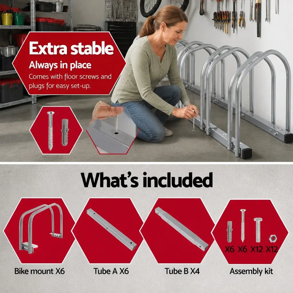 6 Bike Parking Stand Floor Rack Storage Holder Silver Steel Freestanding Bicycle