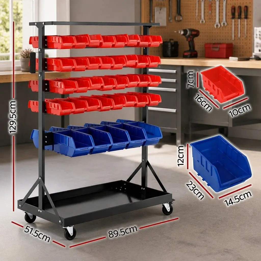 74 Bin Storage Rack Double Sided Mobile Workshop Garage Organizer 5 Tier Steel Frame