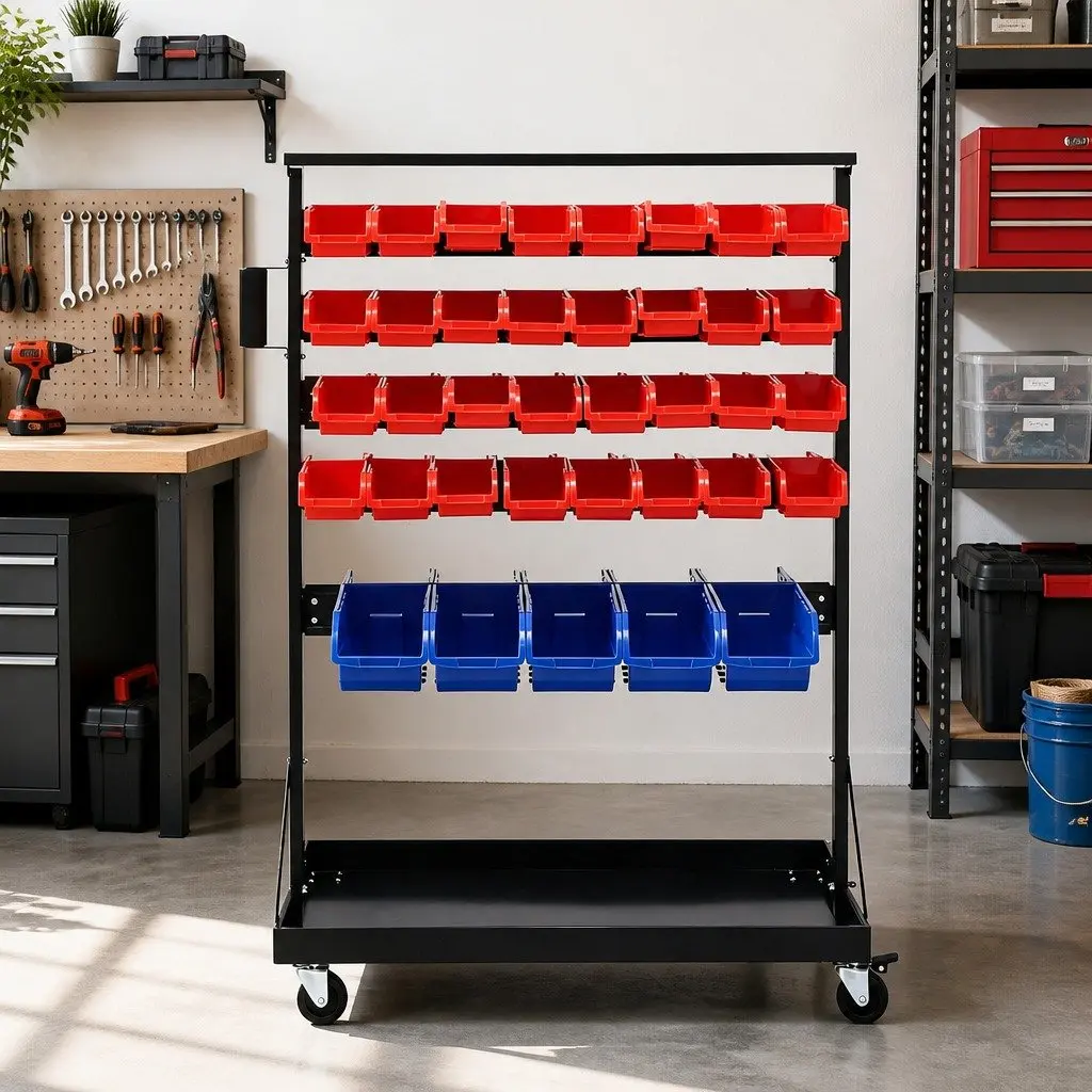 74 Bin Storage Rack Double Sided Mobile Workshop Garage Organizer 5 Tier Steel Frame