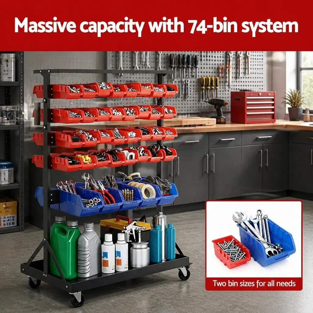 74 Bin Storage Rack Double Sided Mobile Workshop Garage Organizer 5 Tier Steel Frame