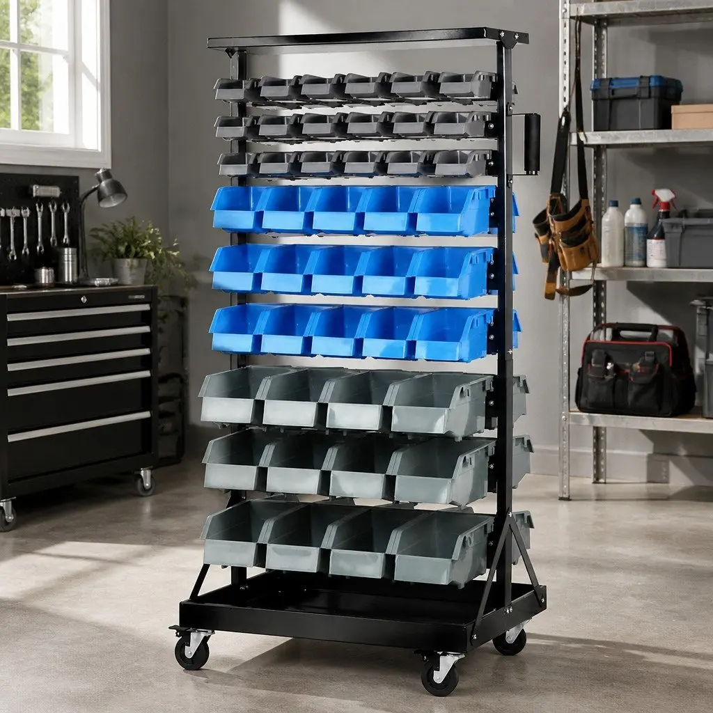 90 Bin Storage Rack Stand Double-Sided Parts Organiser Steel Frame Castor Wheels
