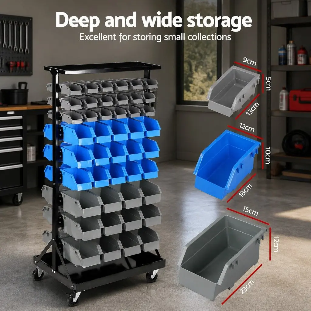 90 Bin Storage Rack Stand Double-Sided Parts Organiser Steel Frame Castor Wheels