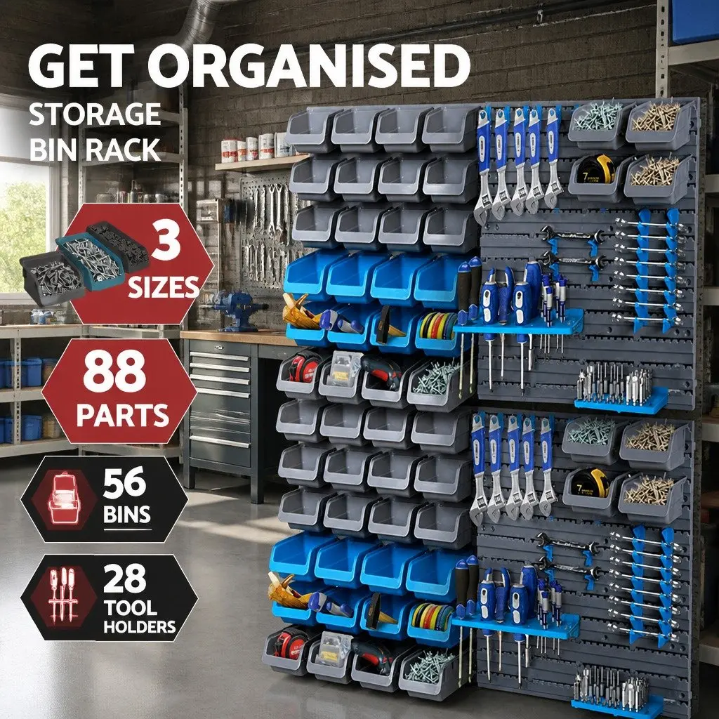 Wall Mounted Storage Bin Rack for Garage Workshop 88 Parts