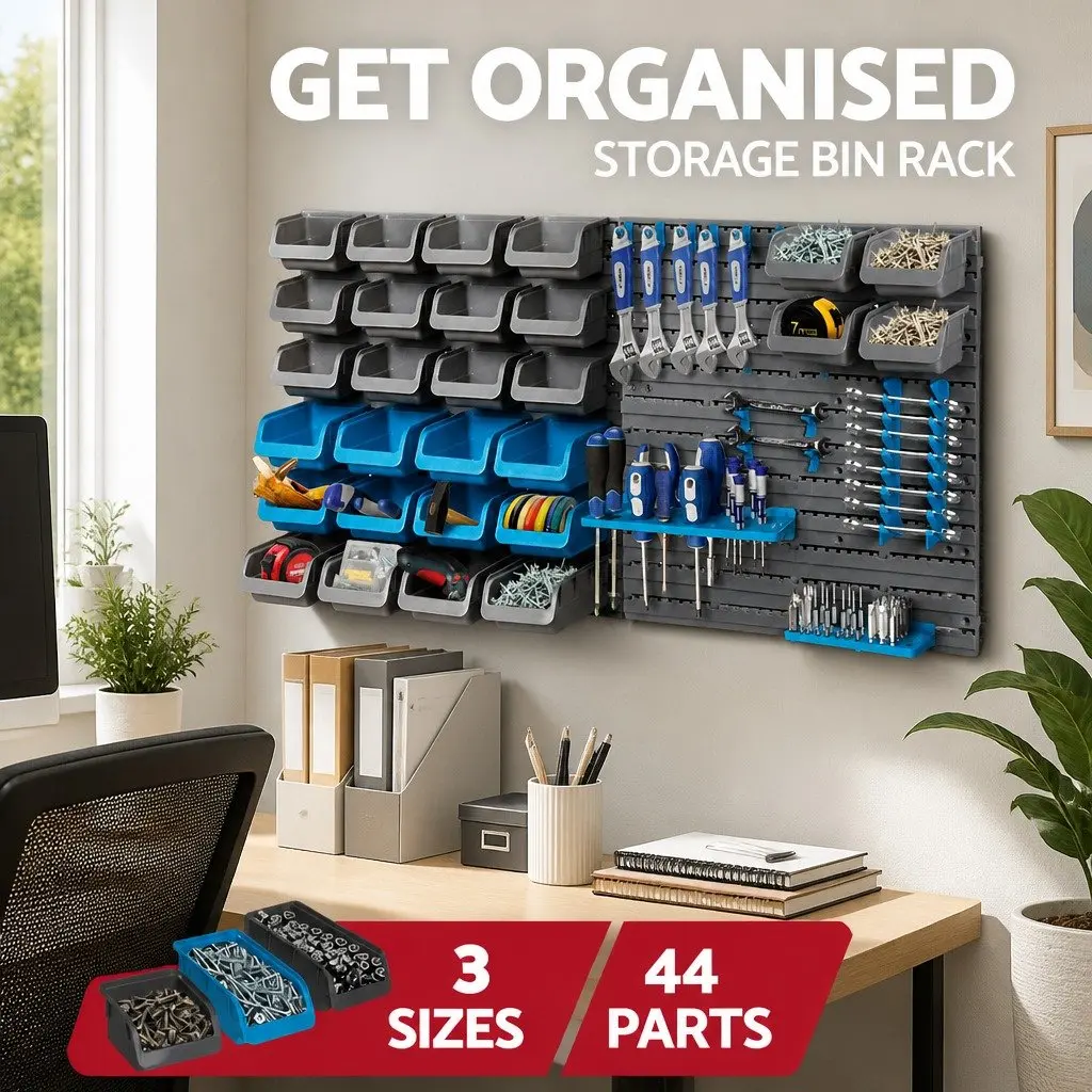 44 Piece Wall Mounted Storage Bin Rack Peg Board Tool Organizer Detachable Bins