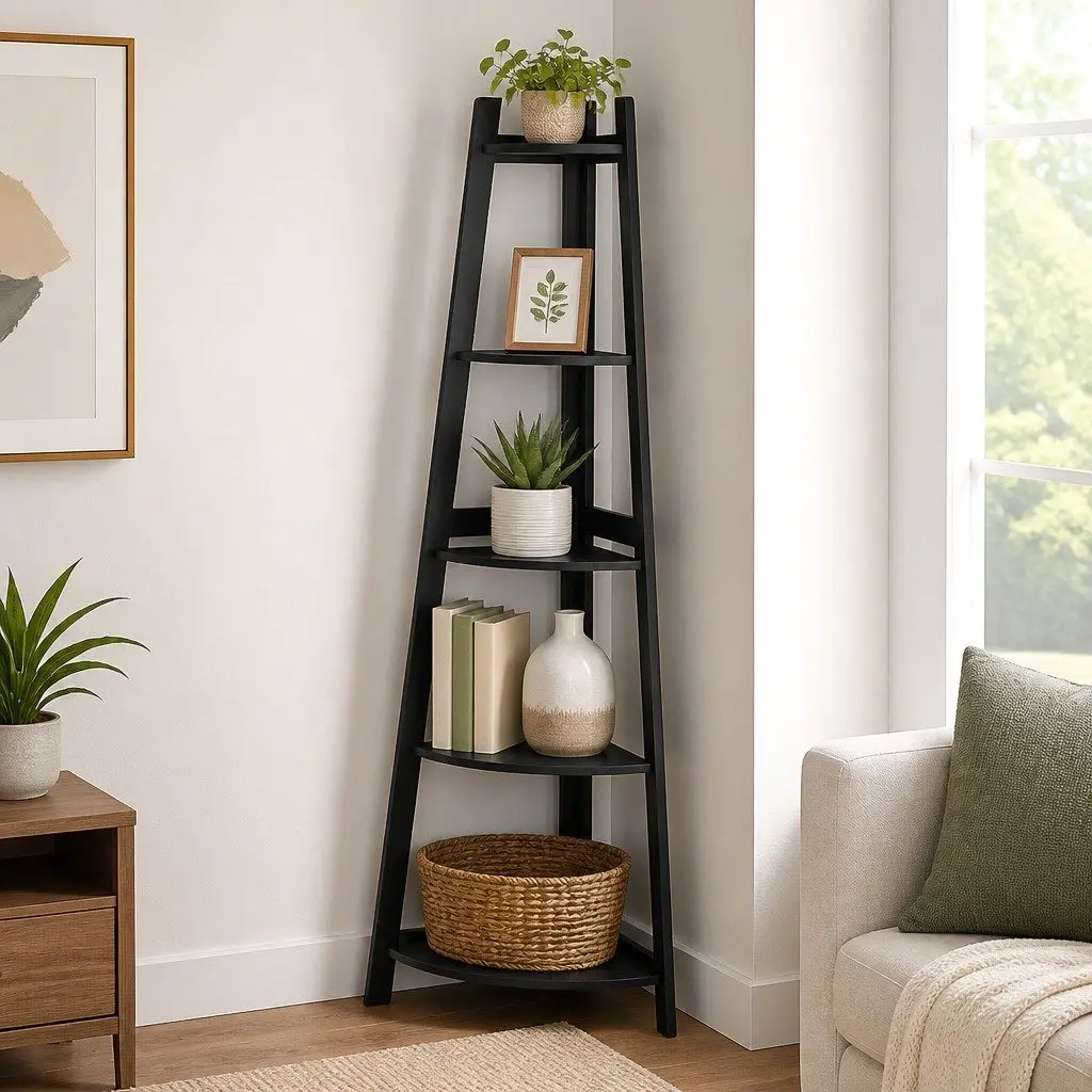 5-Tier Black Wooden Corner Shelf