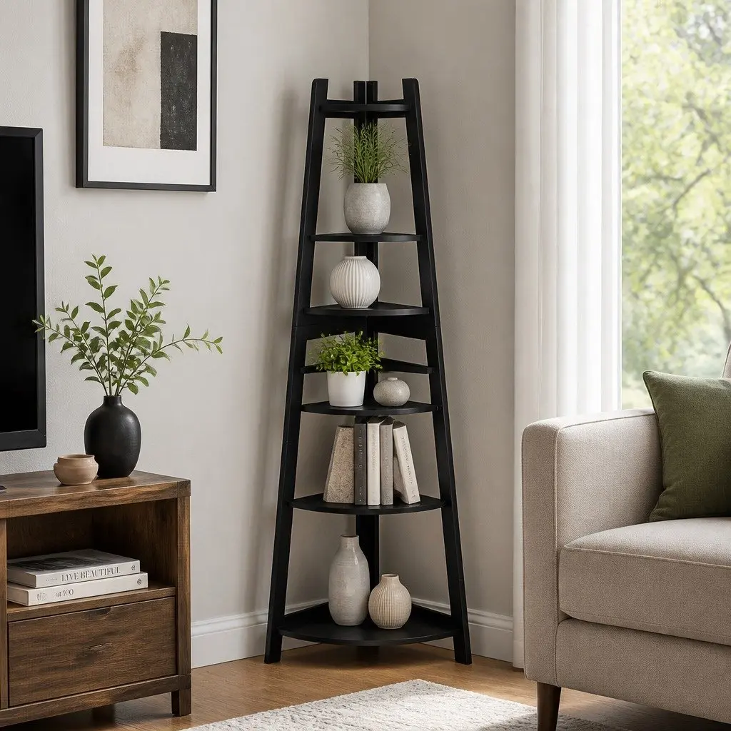 5 Tier Corner Shelf Wooden Storage Display Organiser Black Vertical Unit Living Room 37cm x 37cm x 153cm