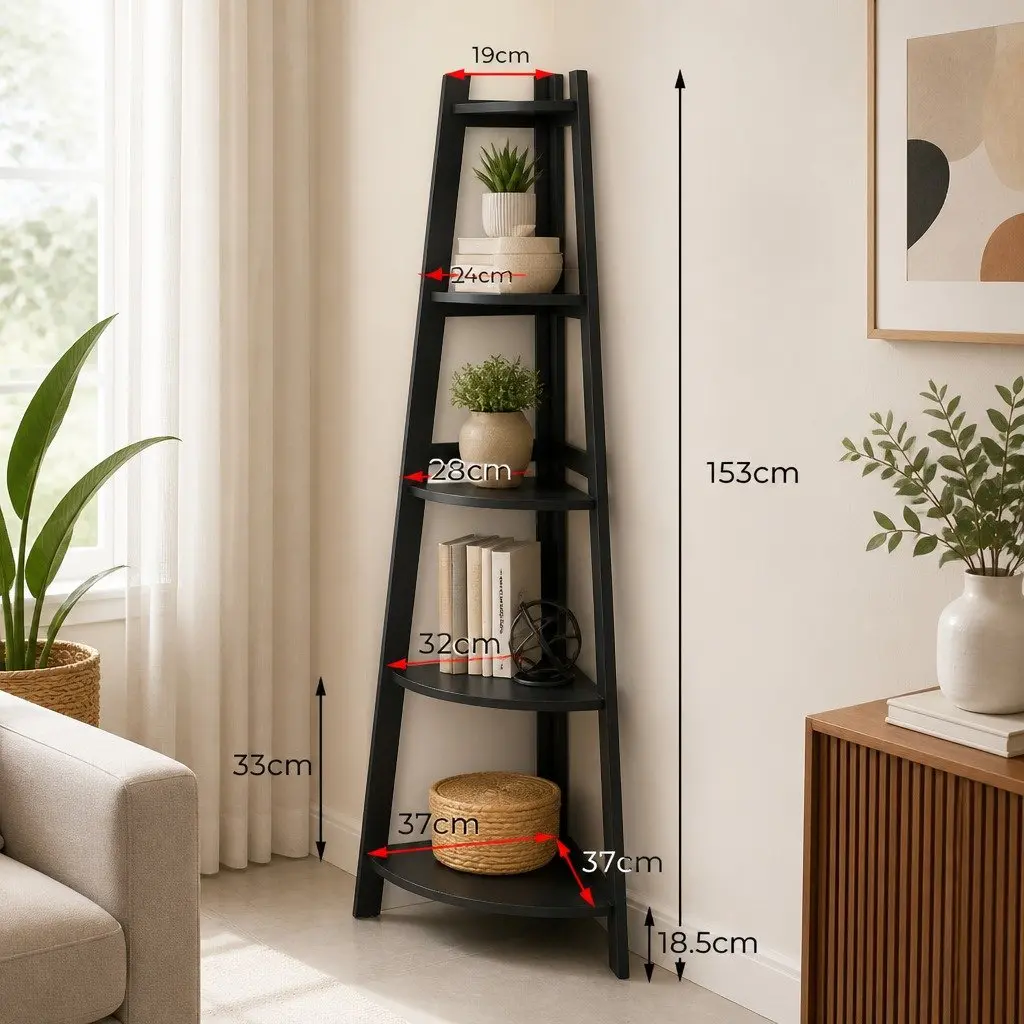 5 Tier Corner Shelf Wooden Storage Display Organiser Black Vertical Unit Living Room 37cm x 37cm x 153cm