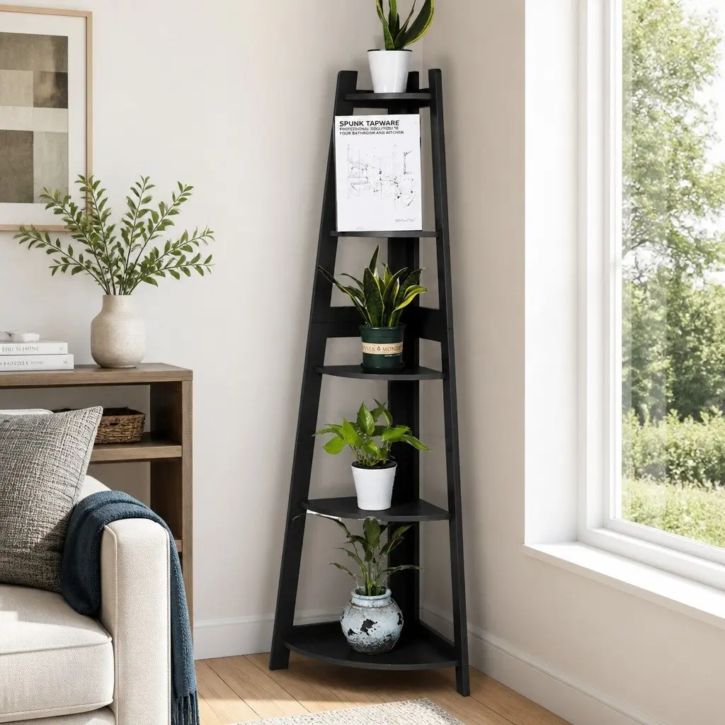 5 Tier Corner Shelf Wooden Storage Display Organiser Black Vertical Unit Living Room 37cm x 37cm x 153cm