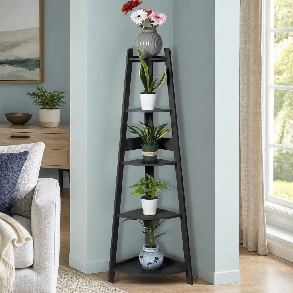 5 Tier Corner Shelf Wooden Storage Display Organiser Black Vertical Unit Living Room 37cm x 37cm x 153cm