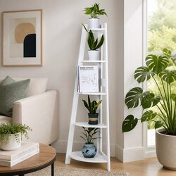 5 Tier Corner Shelf Storage Organizer White Wooden Display Unit for Kids Bedroom
