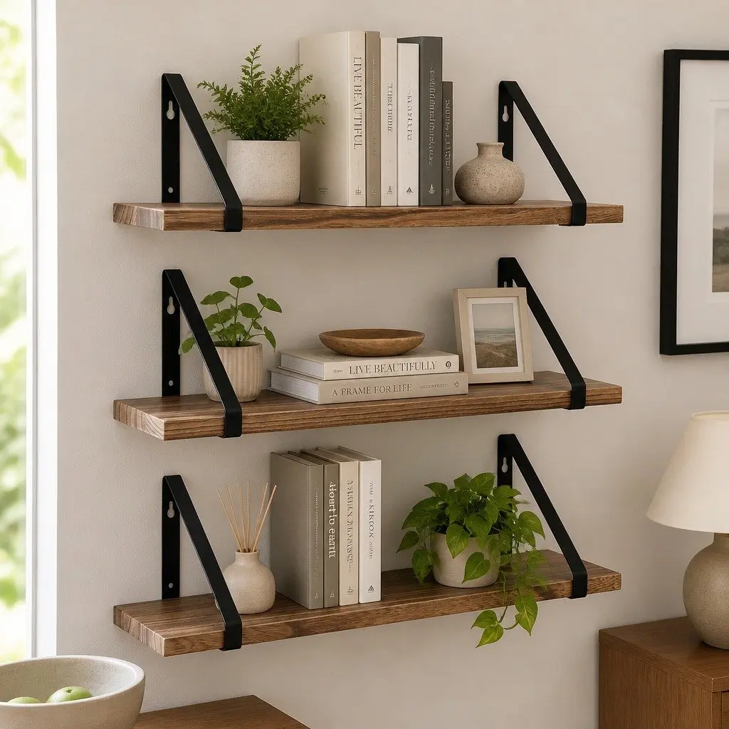 Floating Shelves with Natural Wood and Steel Finish