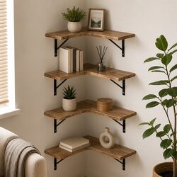 Floating Corner Shelf Wall Mounted Storage Display Unit Four Tier Wooden