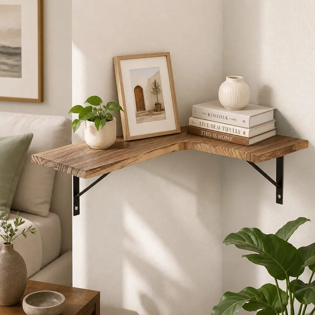 Floating Corner Shelf Wall Mounted Storage Display Unit Four Tier Wooden