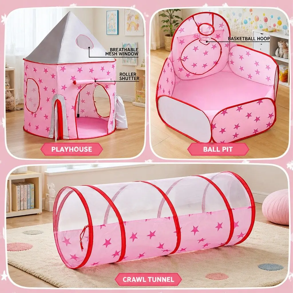 Kids Play Tent 3-in-1 Playhouse for Indoor and Outdoor Use Pink