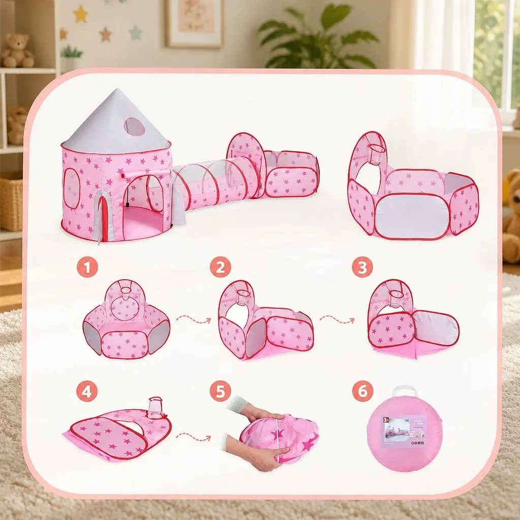 Kids Play Tent 3-in-1 Playhouse for Indoor and Outdoor Use Pink