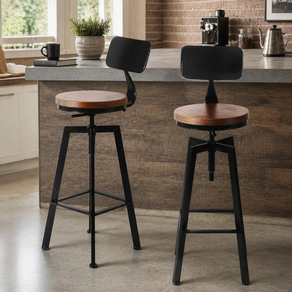 Industrial Bar Stool Kitchen Counter Height Adjustable Swivel Seat Footrest