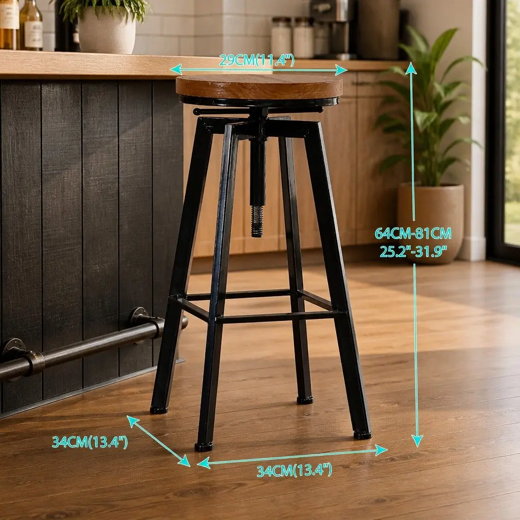 Industrial Bar Stools Kitchen Dining Adjustable Height Swivel Seat Wooden Metal