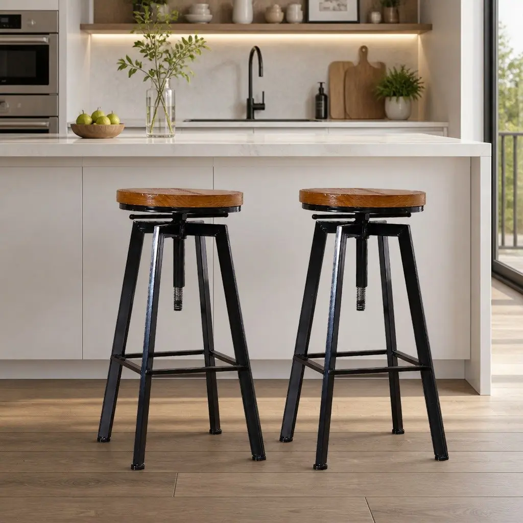 Industrial Bar Stools Kitchen Dining Adjustable Height Swivel Seat Wooden Metal