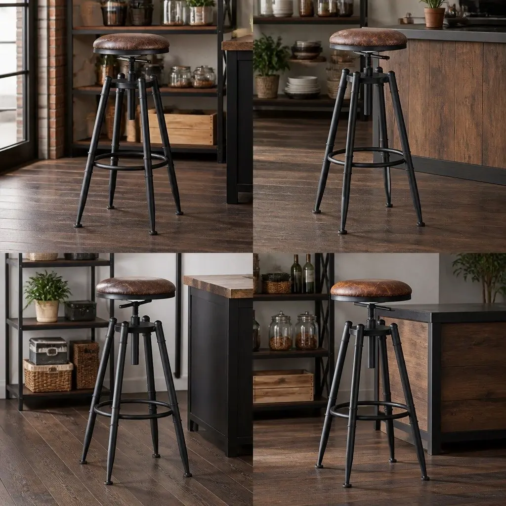 Set of 4 Industrial Bar Stools with Adjustable Heights