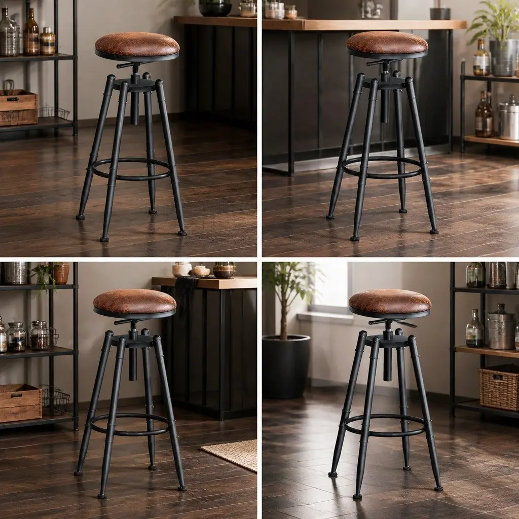 Set of 4 Industrial Bar Stools with Adjustable Heights