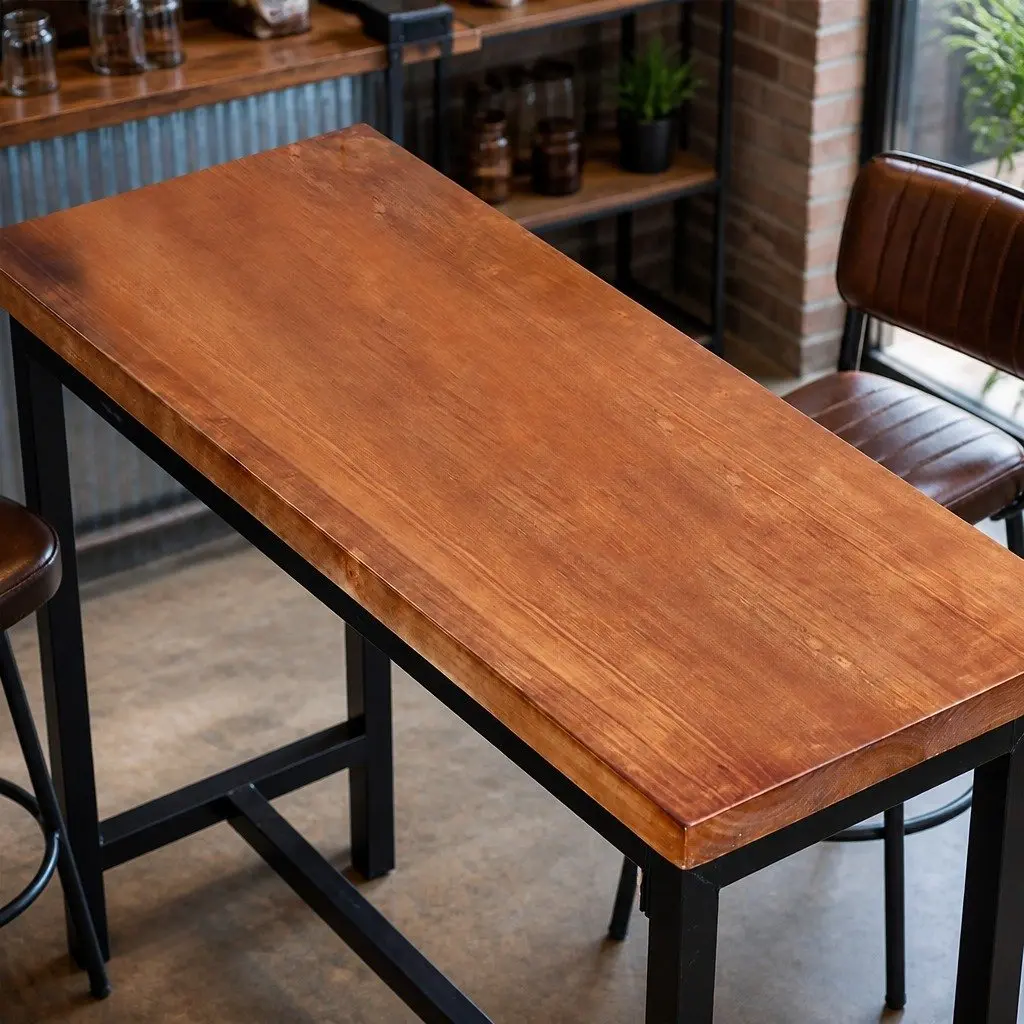 High Bar Table Solid Wood Steel Frame Industrial Cafe Kitchen Dining Furniture