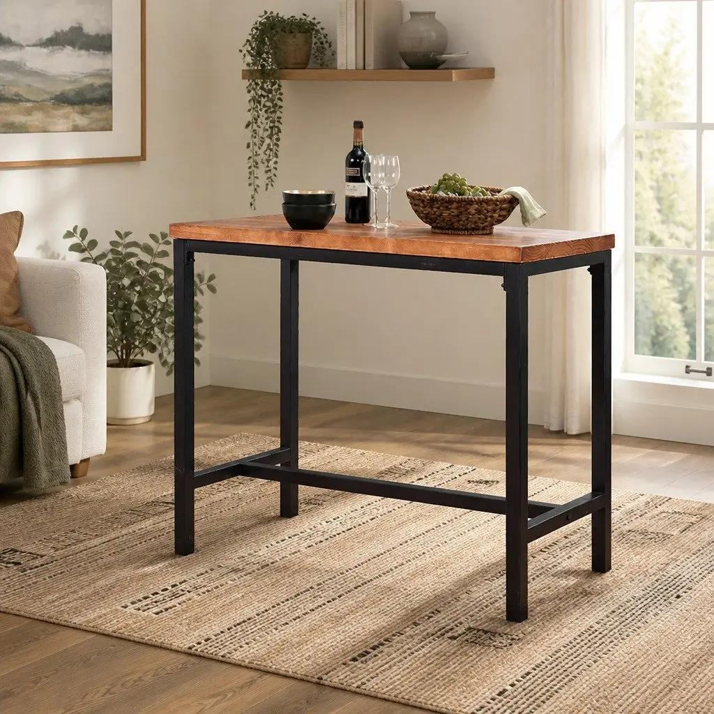 High Bar Table Solid Wood Steel Frame Industrial Cafe Kitchen Dining Furniture