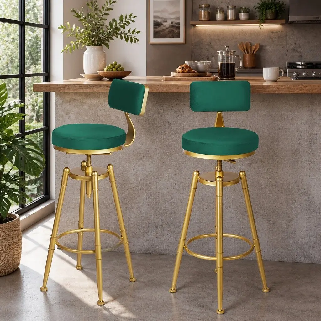 Bar Stools Kitchen Counter Height Swivel Adjustable Velvet Green Seat