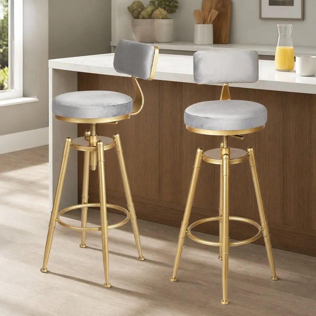 Swivel Bar Stool Adjustable Height for Kitchen and Dining Grey Velvet Seat