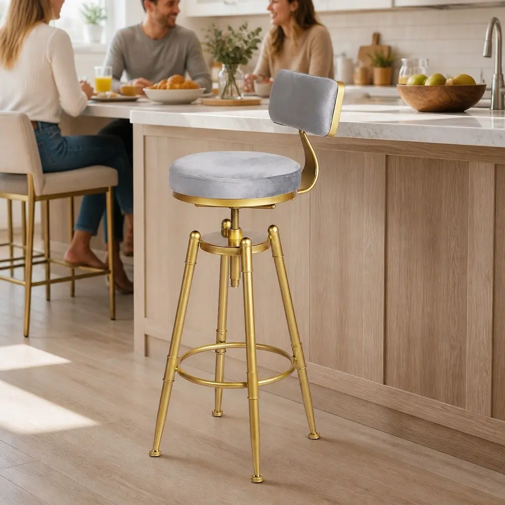 Swivel Bar Stool Adjustable Height for Kitchen and Dining Grey Velvet Seat