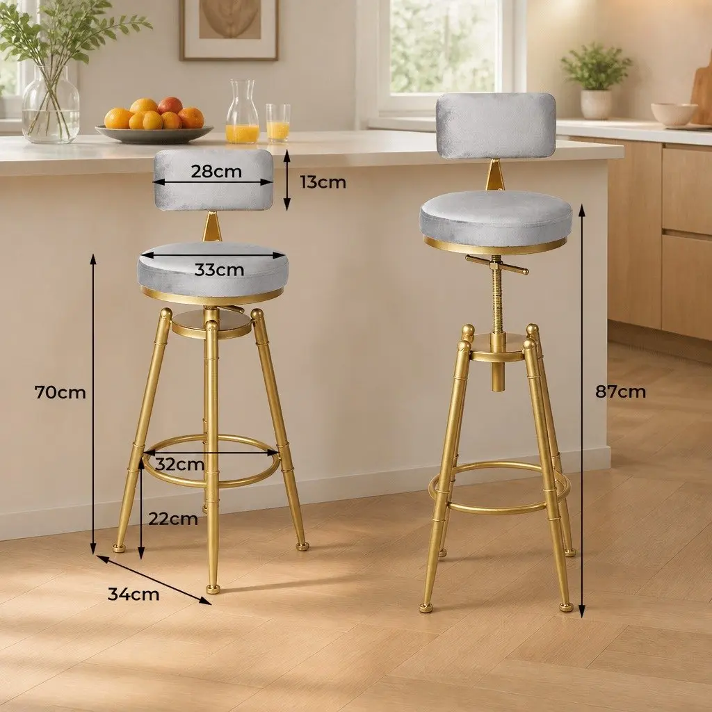 Swivel Bar Stool Adjustable Height for Kitchen and Dining Grey Velvet Seat
