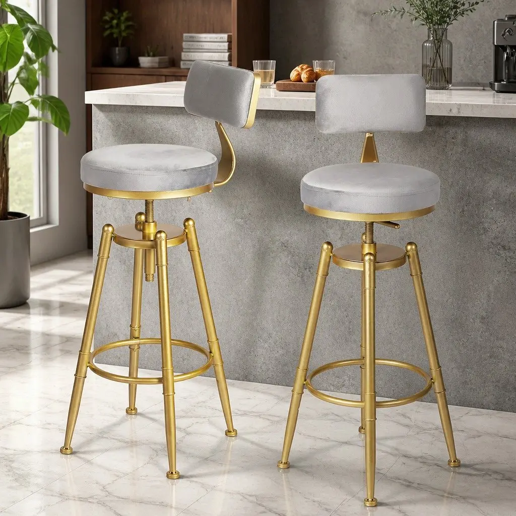 Swivel Bar Stool Adjustable Height for Kitchen and Dining Grey Velvet Seat