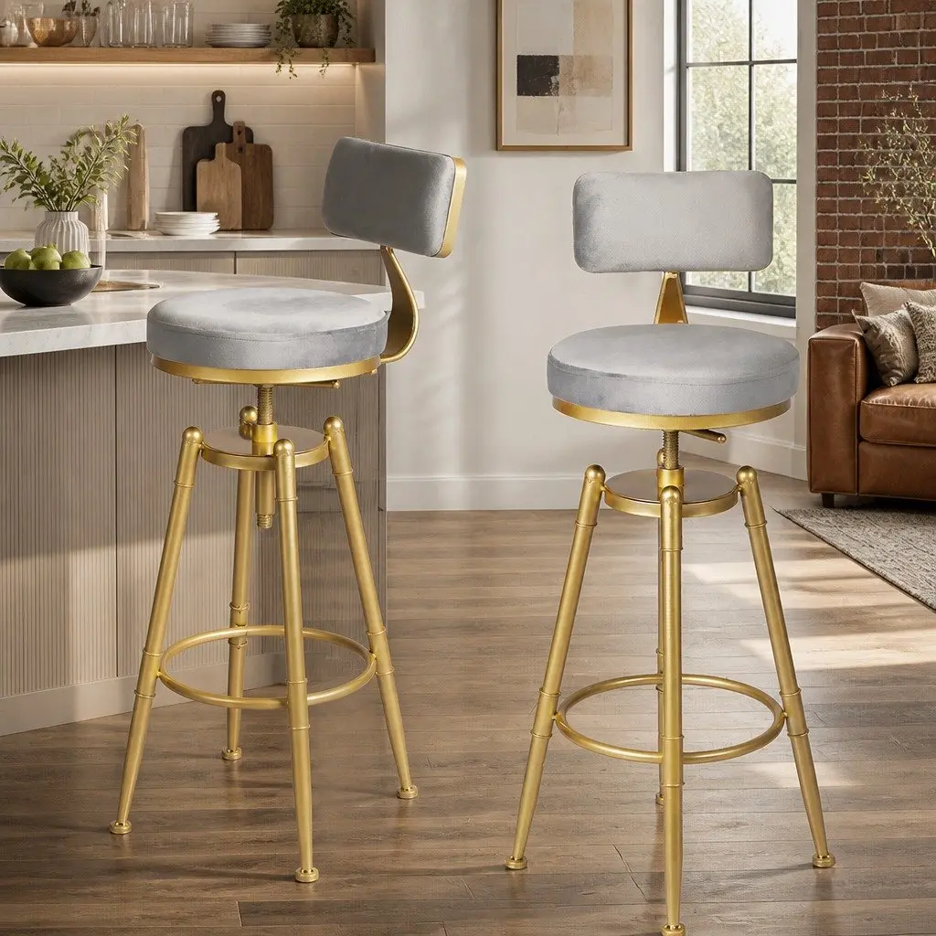 Swivel Bar Stool Adjustable Height for Kitchen and Dining Grey Velvet Seat