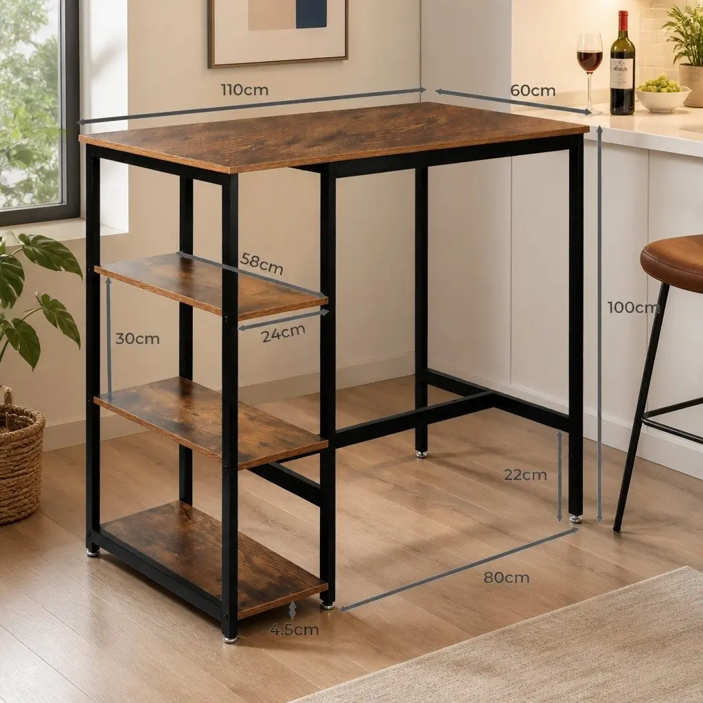 High Bar Table Industrial Pub Style Dining Standing Desk Storage Shelves