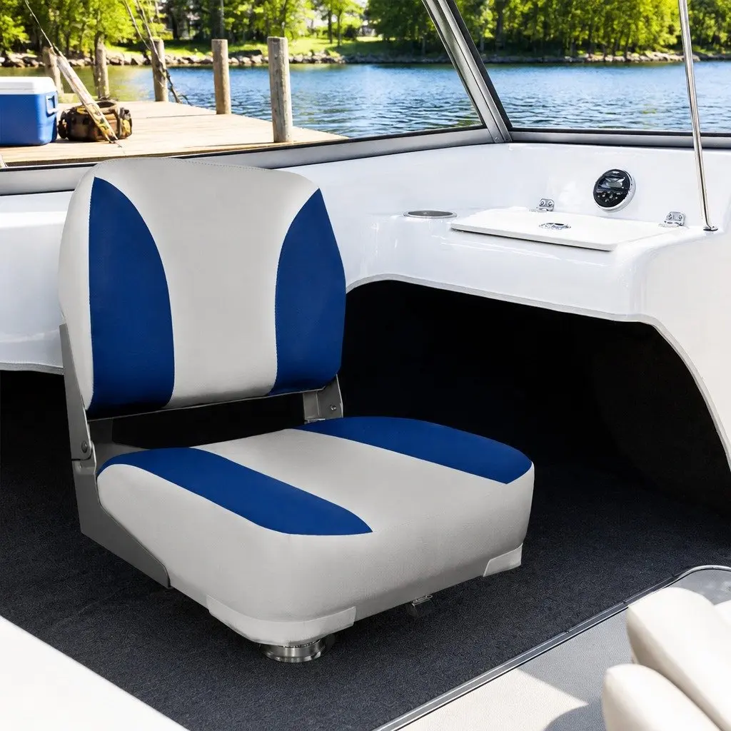 Swivel Folding Marine Boat Seats Low Back Grey Blue 13cm Padding Set of 2