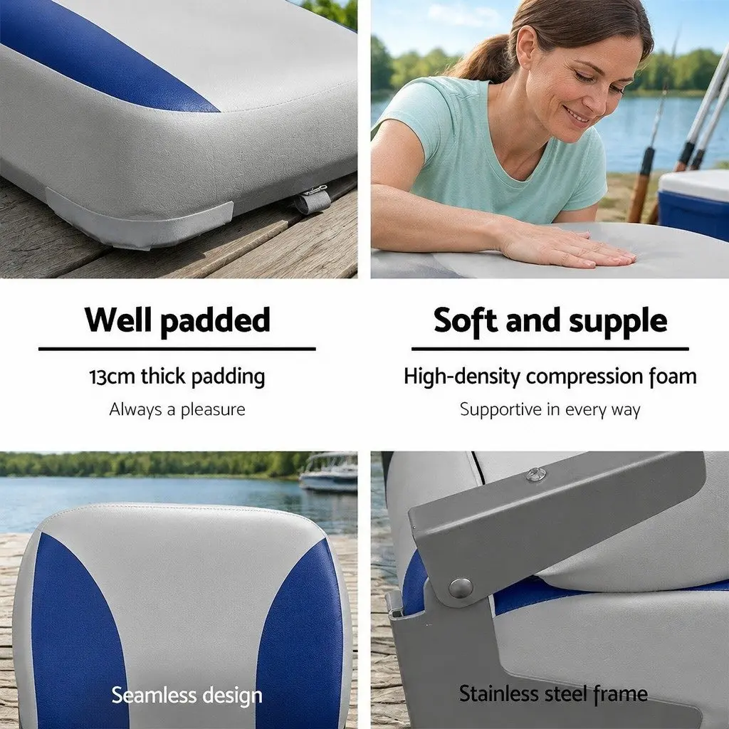 Swivel Folding Marine Boat Seats Low Back Grey Blue 13cm Padding Set of 2