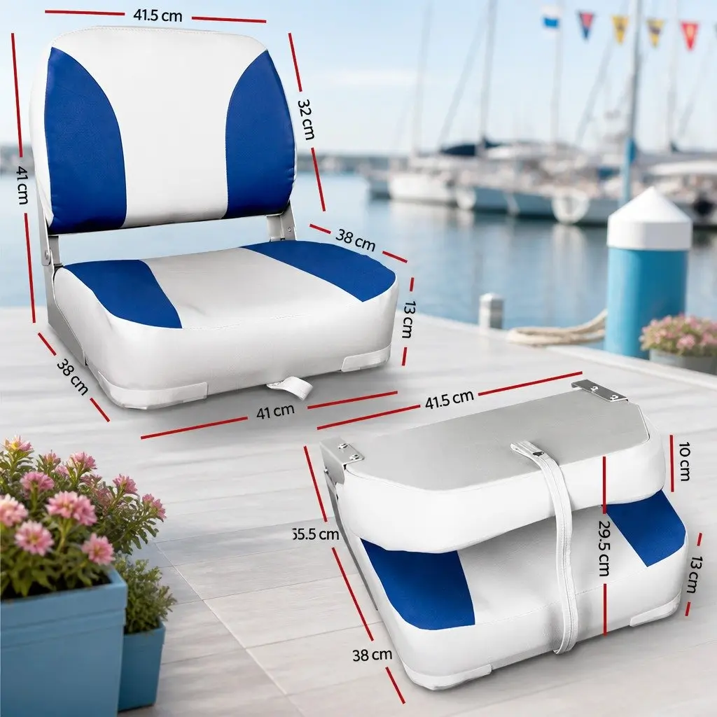 Folding Boat Seat Pair Marine Low Back Padded White Blue Water Resistant